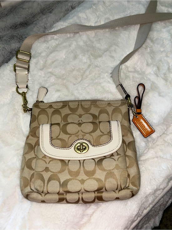Coach Handbags - Coach Khaki/Chalk Signature Canvas Crossbody with Turn-Lock
